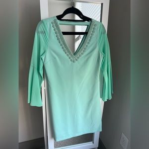 Jade Cocktail Dress with Flare Sleeve and Jewel Neckline
